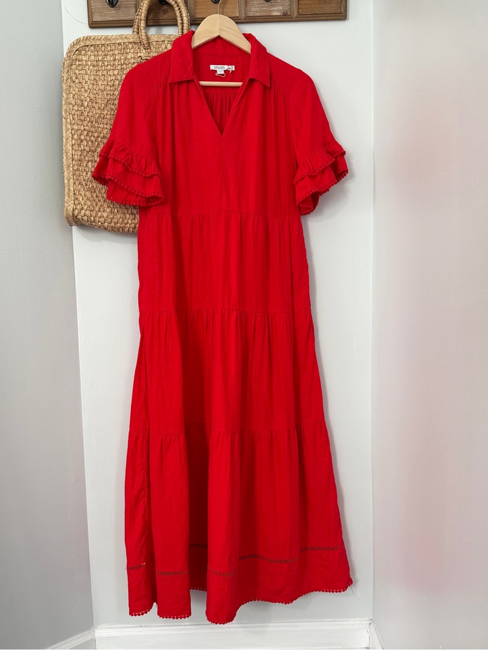 Chico's Red Tiered Collared 100% linen Maxi Dress